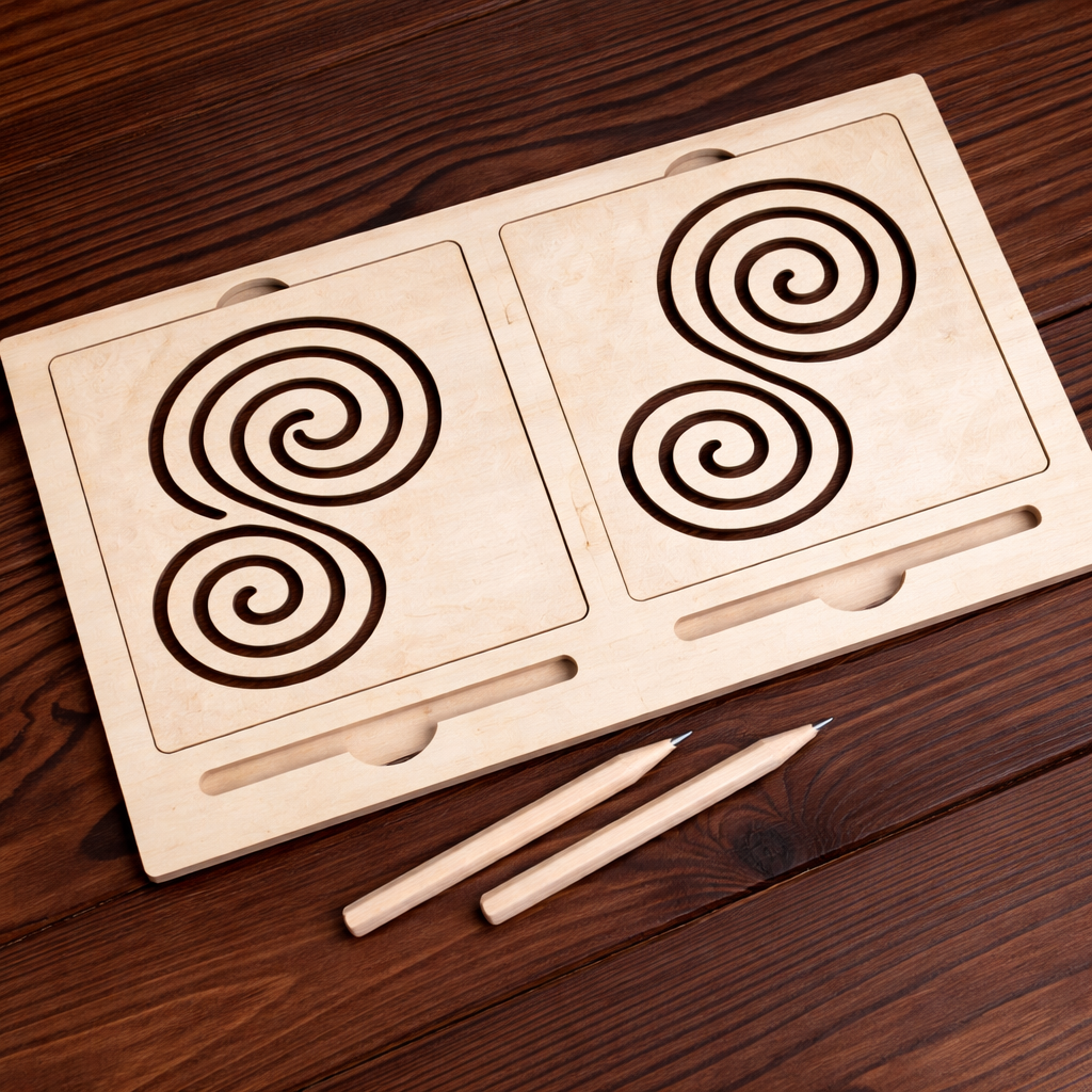 Wooden puzzle with spiral patterns on a wooden surface