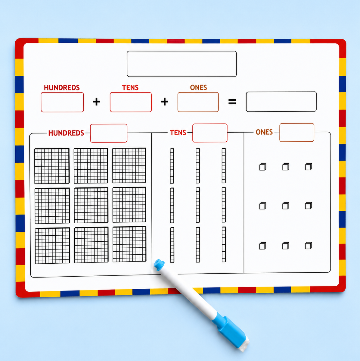 GiggleNest Place Value Board with hundreds, tens and ones sections, shown with a dry erase marker