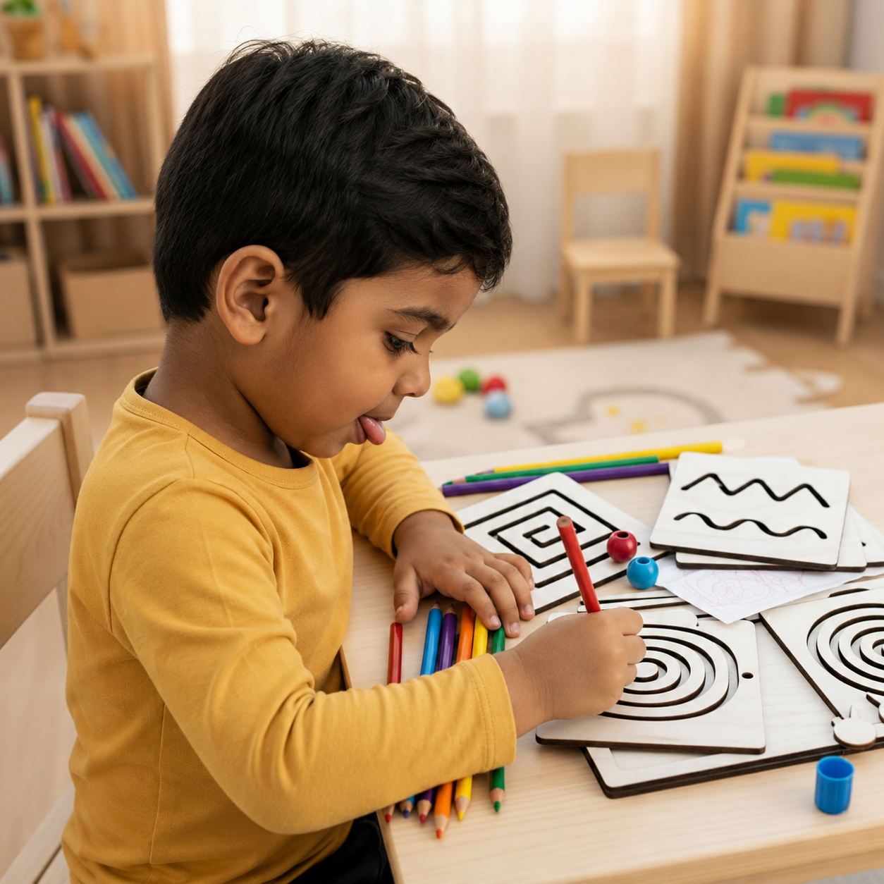 A young child in a yellow long-sleeve shirt sits at a light wood table in a bright playroom, writing in black-and-white activity cards with colorful pencils and small blue cups.