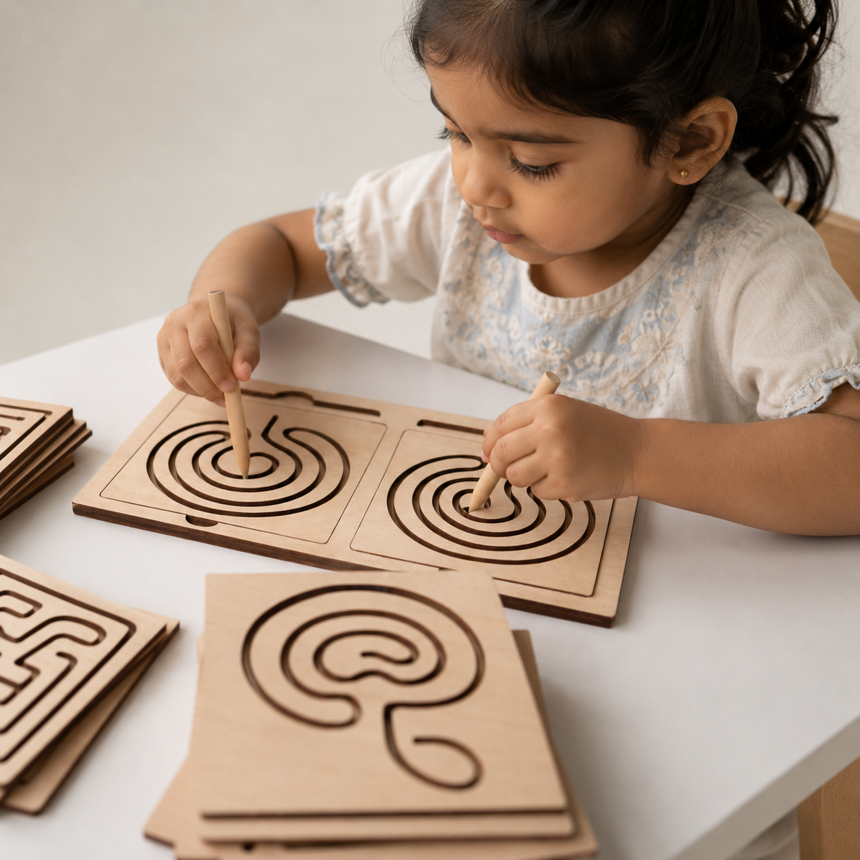 A young child sits at a white table playing with wooden maze boards and matching wooden sticks. The scene is softly lit and focused on the child interacting with the toy.