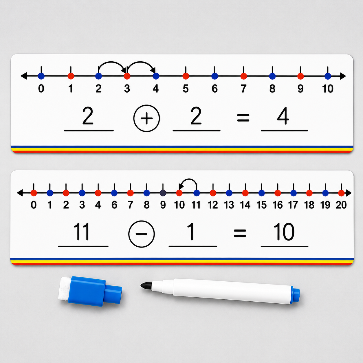 White magnetic number line math mats with colorful number markers and subtraction equation, shown with a blue and white marker on a light gray background.