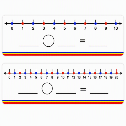 Two white educational number line cards with black printed number lines, blue and red number markers, blank spaces for tens and ones, and thin red, yellow, and blue stripes along the bottom edges.