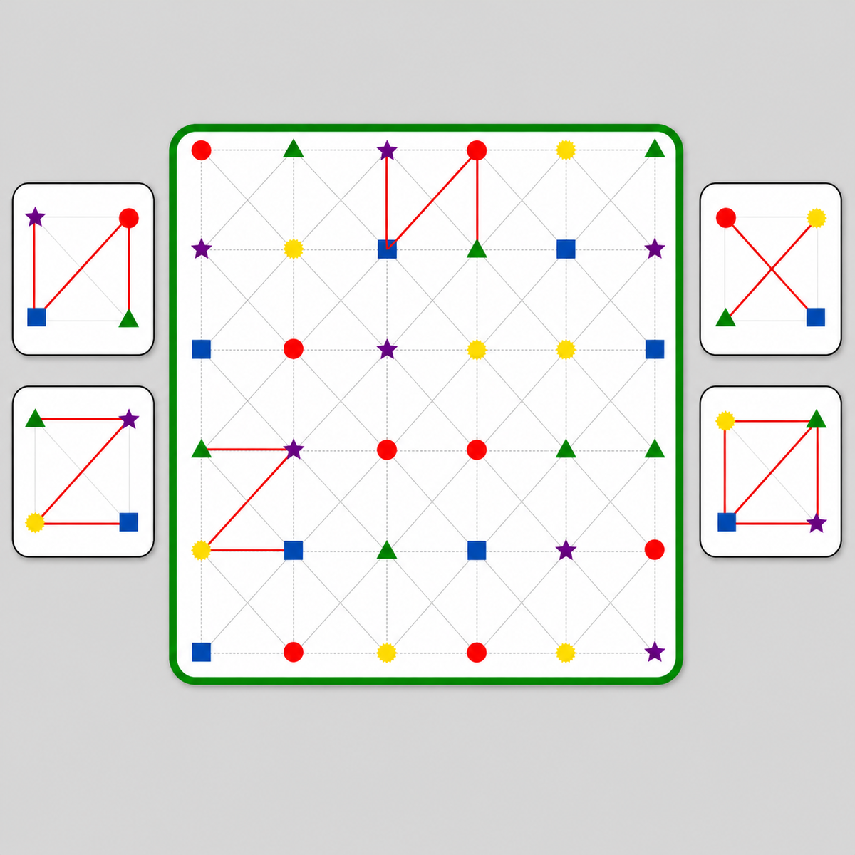 Geometric shapes on a grid with color-coded markers