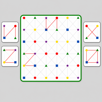 Geometric shapes on a grid with color-coded markers