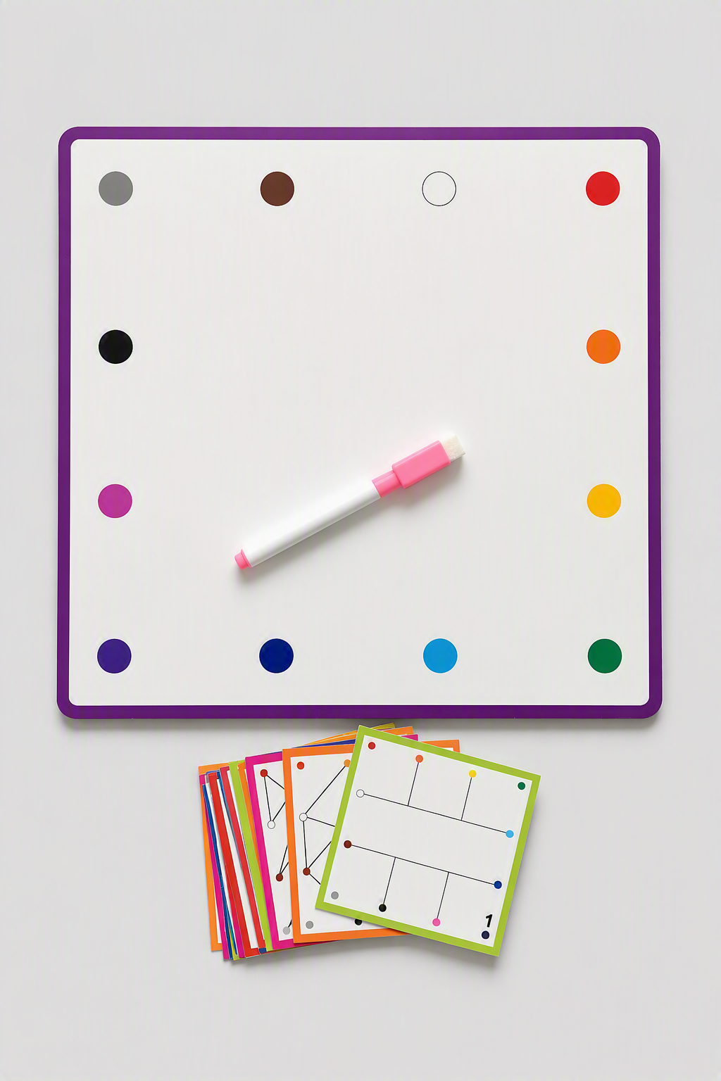A square white magnetic dry-erase board with a purple border, shown on a light gray background. A white marker with a pink eraser rests on the board, and a small stack of colorful printed activity cards is placed below it.