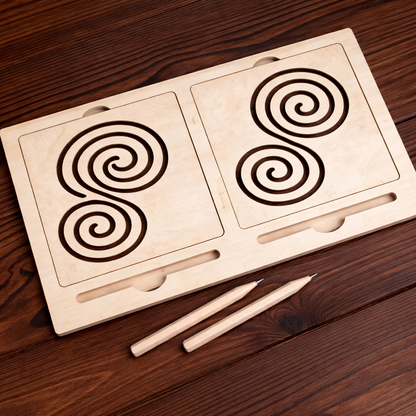 Wooden puzzle with spiral patterns on a wooden surface