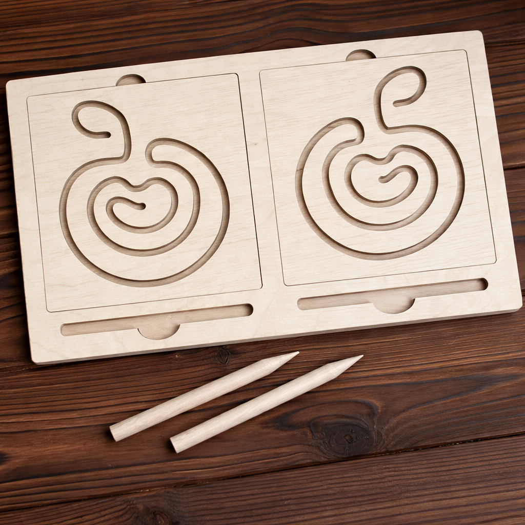 Wooden labyrinth puzzle with two interlocking paths on a wooden surface.