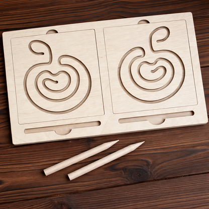 Wooden labyrinth puzzle with two interlocking paths on a wooden surface.