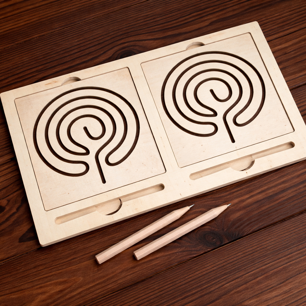 Wooden labyrinth puzzle with two pencils on a wooden surface