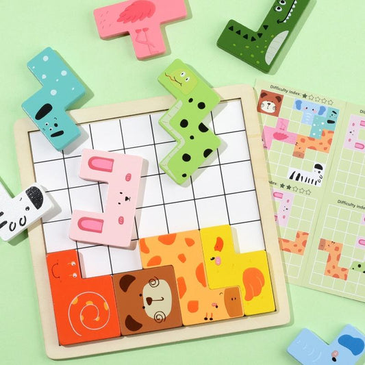 Shape Fit Tetris Challenge - Animal-Themed Wooden Logic Puzzle