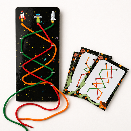 Colorful string maze game with space-themed pegboard and Halloween-themed cards on a white background