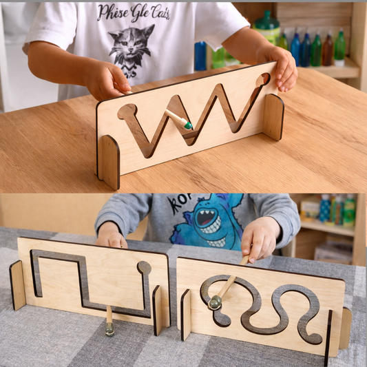 Wooden puzzle toy with snake design on a table, shown from different angles.