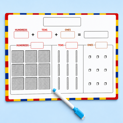 A children's math worksheet or counting board with red, yellow, and blue striped border, featuring sections for hundreds, tens, and ones, shown on a light blue background with a white and blue marker.