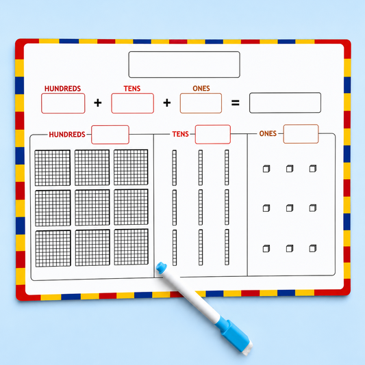 A children's math worksheet or counting board with red, yellow, and blue striped border, featuring sections for hundreds, tens, and ones, shown on a light blue background with a white and blue marker.