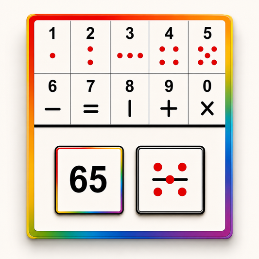 A square educational game board or card with a rainbow border, showing number dots from 1 to 6 in a grid and two movable tiles displaying '65' and a six with a horizontal bar. The board is centered on a light gray background.
